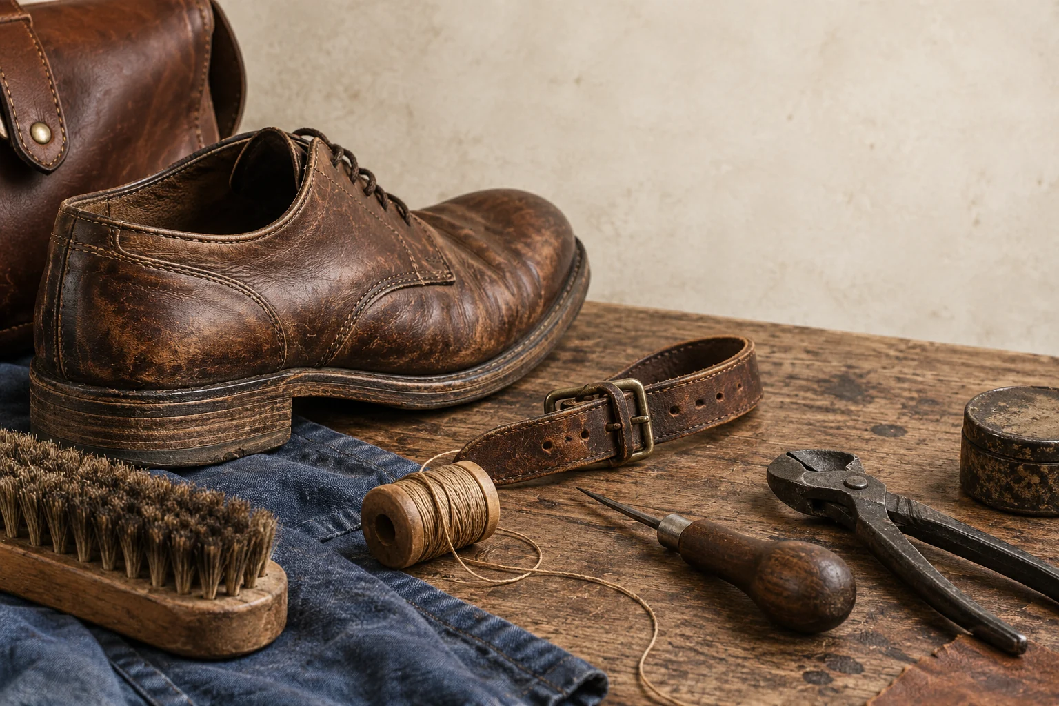 Illustrative cobbler bench with a worn brown shoe, sole and heel edge, leather strap, conditioning brush, thread and repair tools; not the shop's exact premises or work in progress.